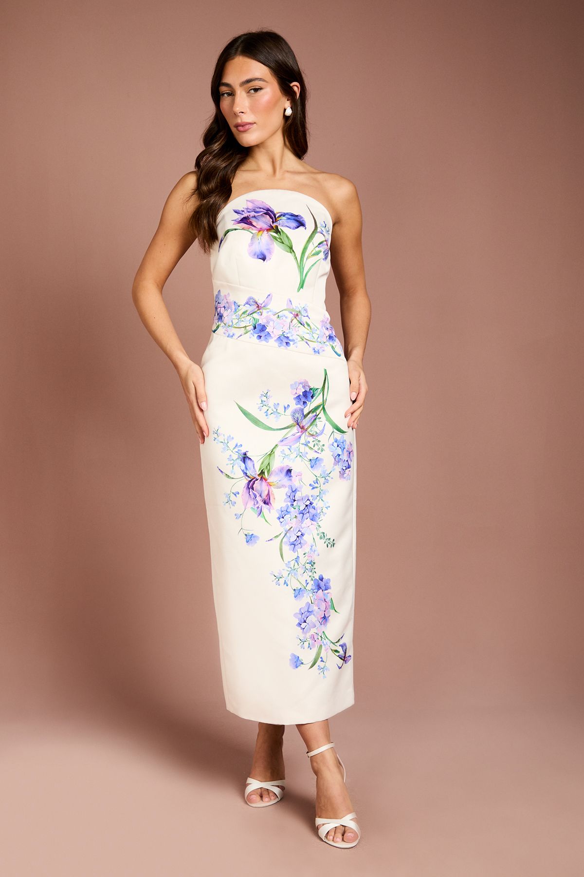 Coast Placement Print Floral Bandeau Pencil Maxi Dress Ivory