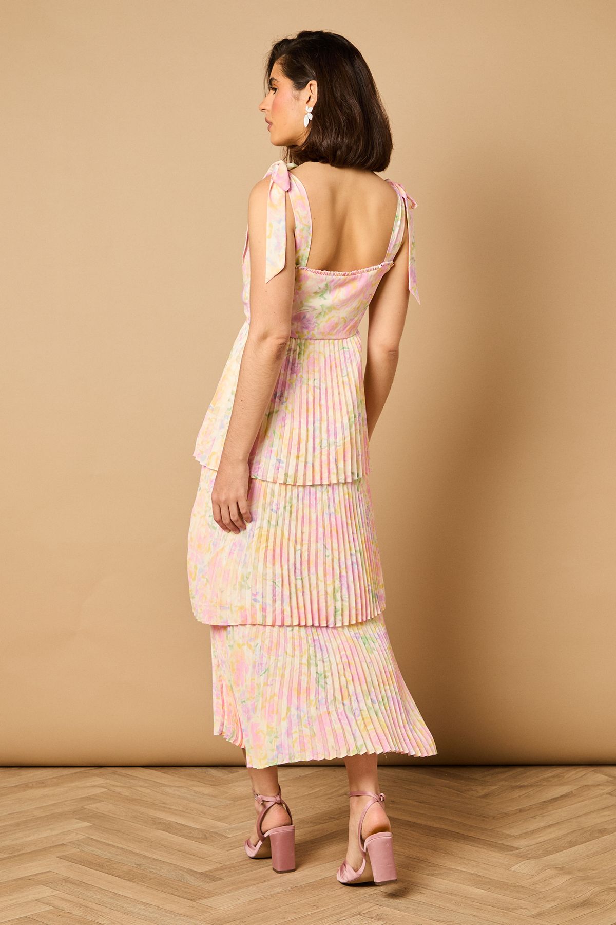 Oasis Ditsy Floral Pleated Tie Shoulder Midi Dress Multi image 4