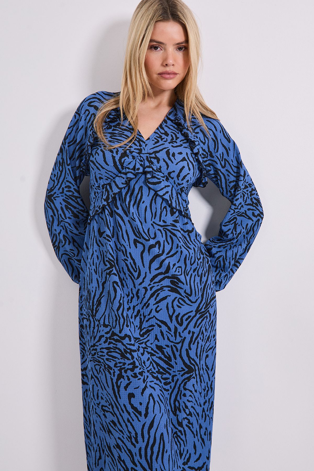 Dorothy Perkins Blue Zebra Empire Seam Frill Detail Jersey Midi Dress Blue image 4