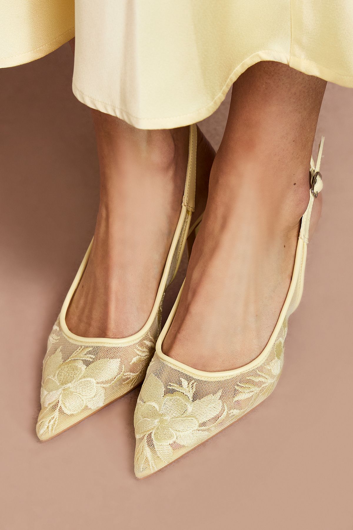 Coast Maeve Faux Leather Lace Slingback Stiletto Court Shoes Lemon image 4