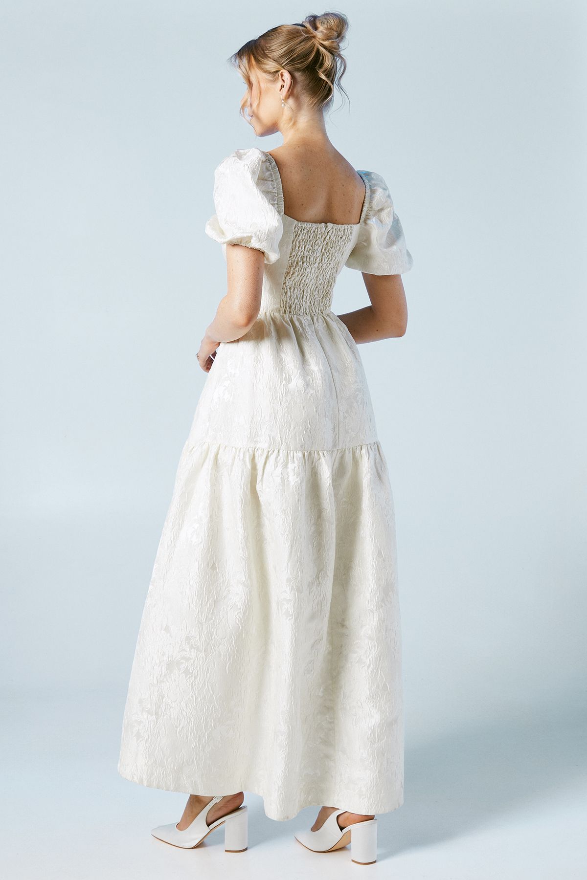 Oasis Tiered Puff Sleeve Jacquard Wedding Dress Ecru image 3