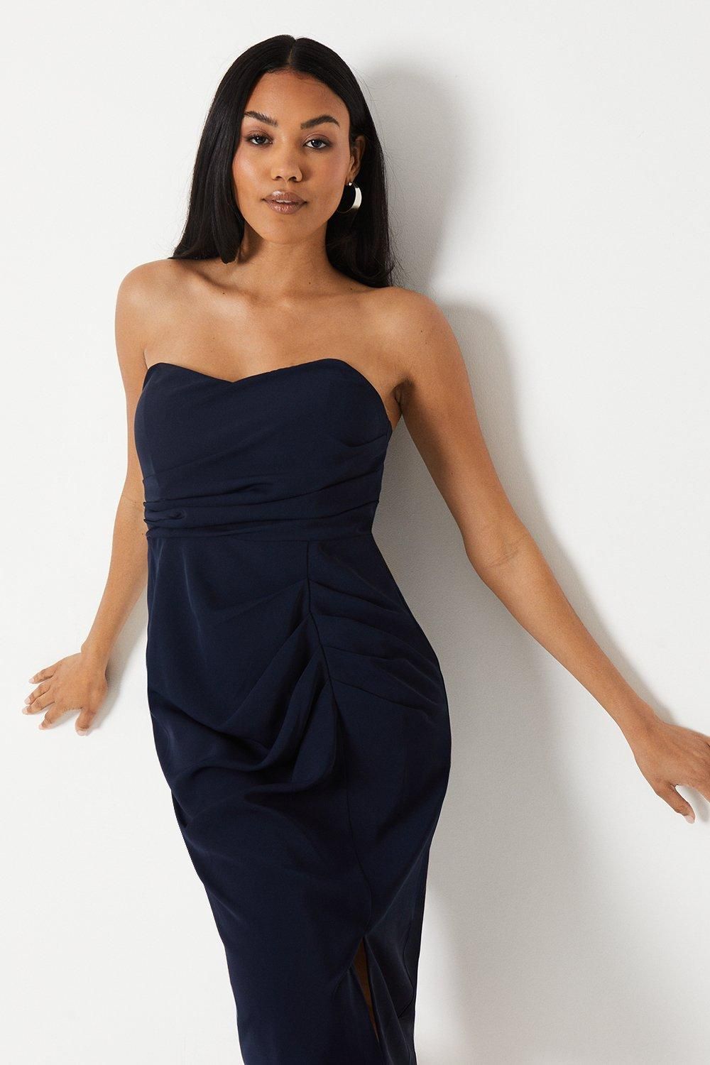 Coast Strapless Midi Wedding Guest Dress With Pleat Detail Navy image 4