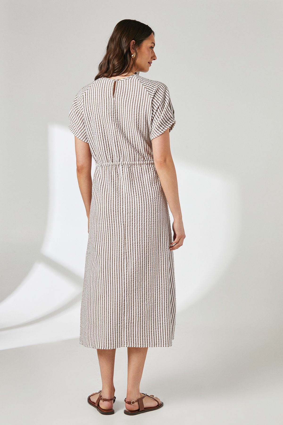 Principles Brown Stripe Gathered Tie Waist Midi Dress Brown image 3