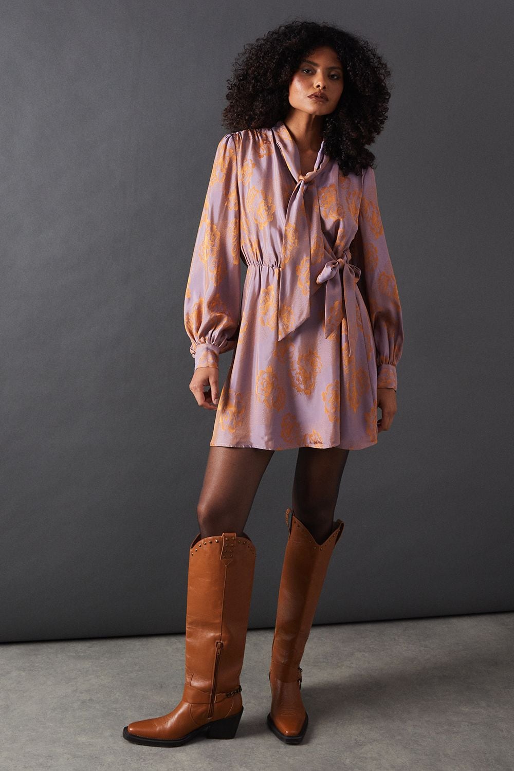 Warehouse Satin Rose Jacquard Tie Neck Flippy Mini Dress Purple image 1