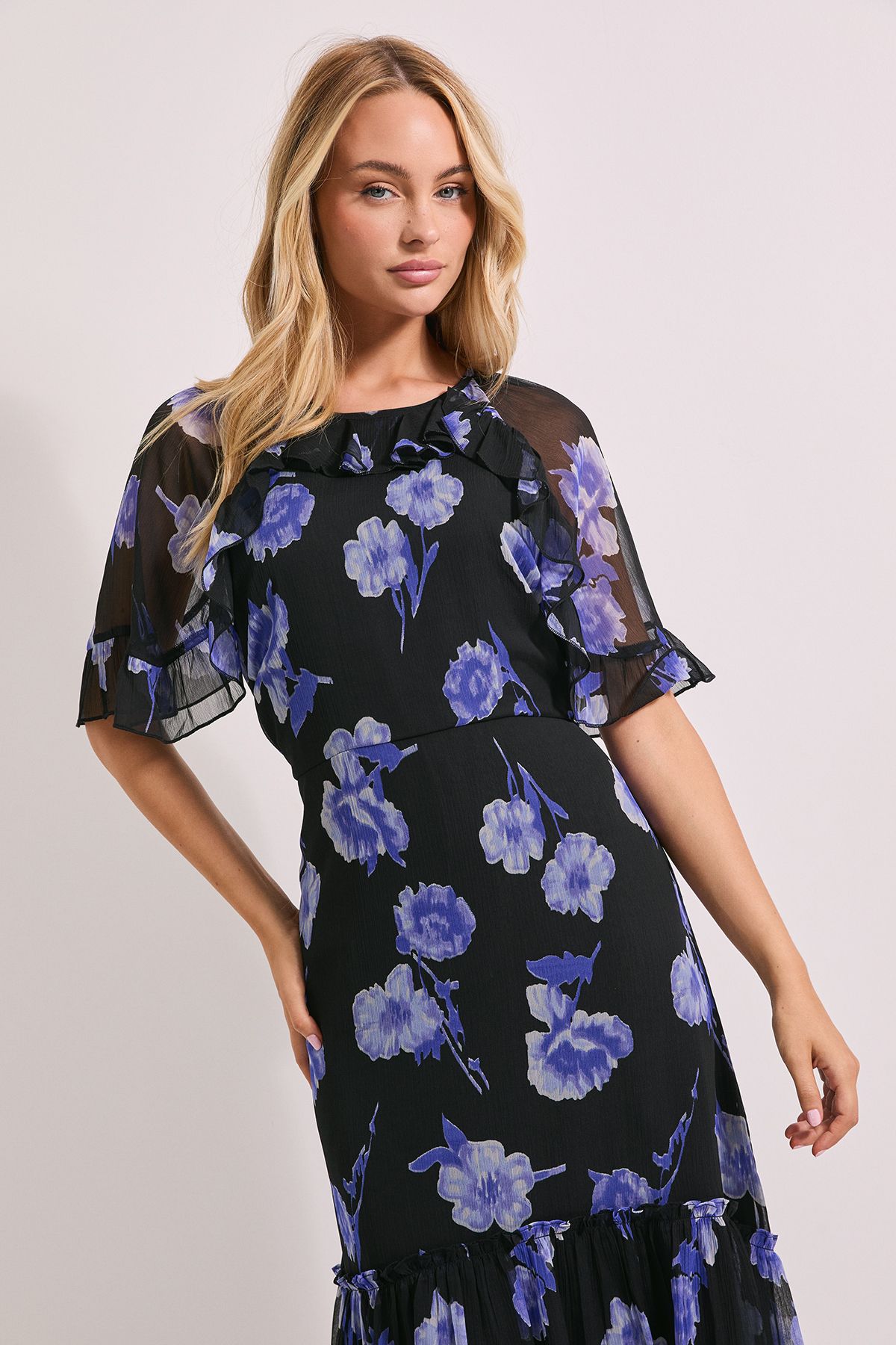 Dorothy Perkins Blue Floral Frill Cape Sleeve Tiered Printed Chiffon Midi Dress Blue image 2