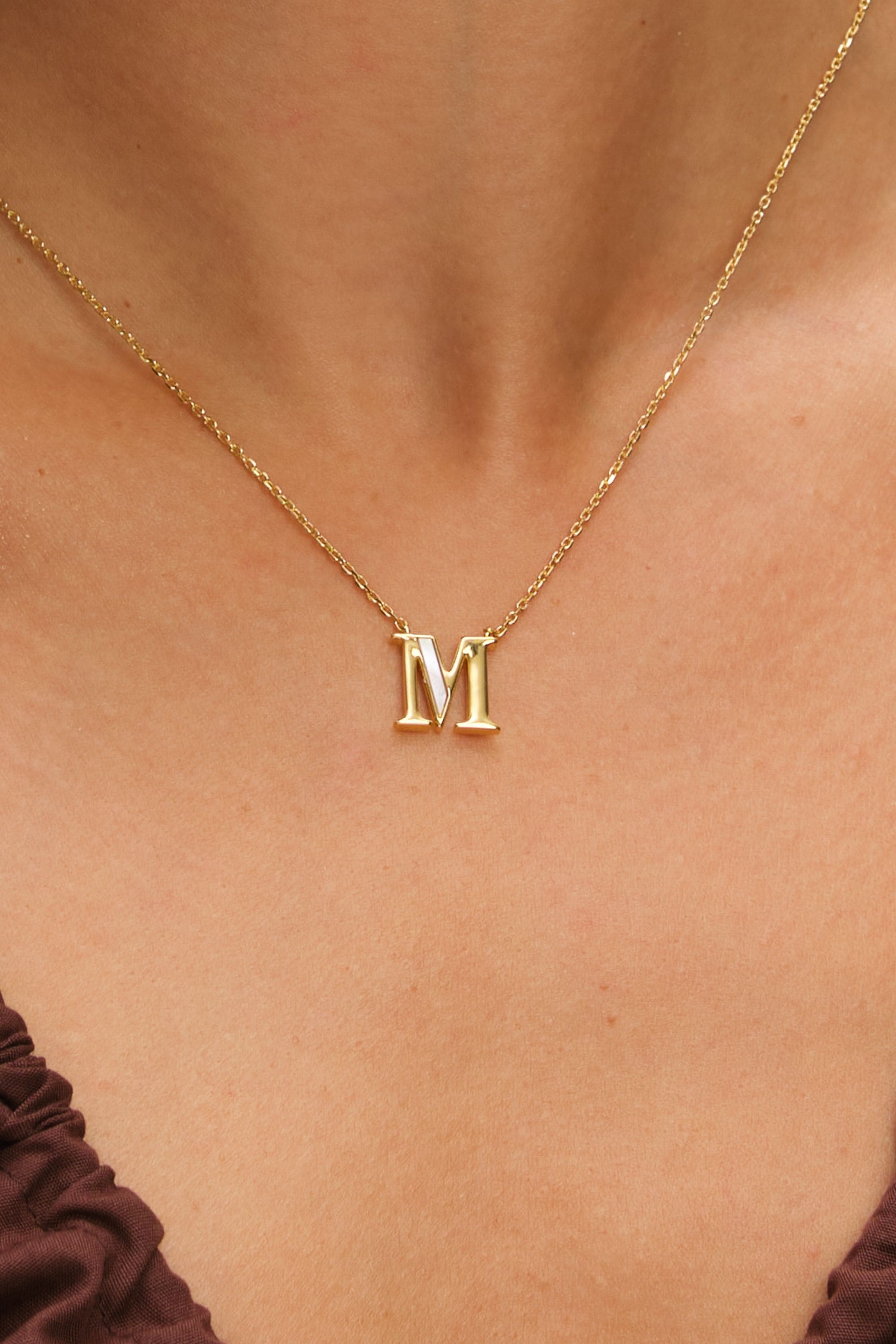 Inicio 14K Gold Plated and Mother of Pearl Initial Pendant - M - Gift Pouch image 4