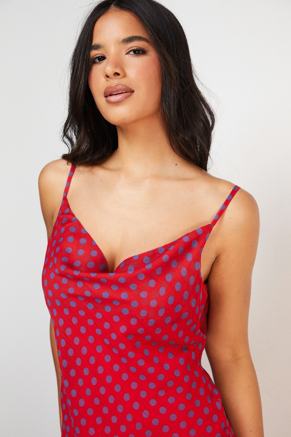 Warehouse Chiffon Spot Print Cowl Bias Strappy Maxi Dress Red image 2