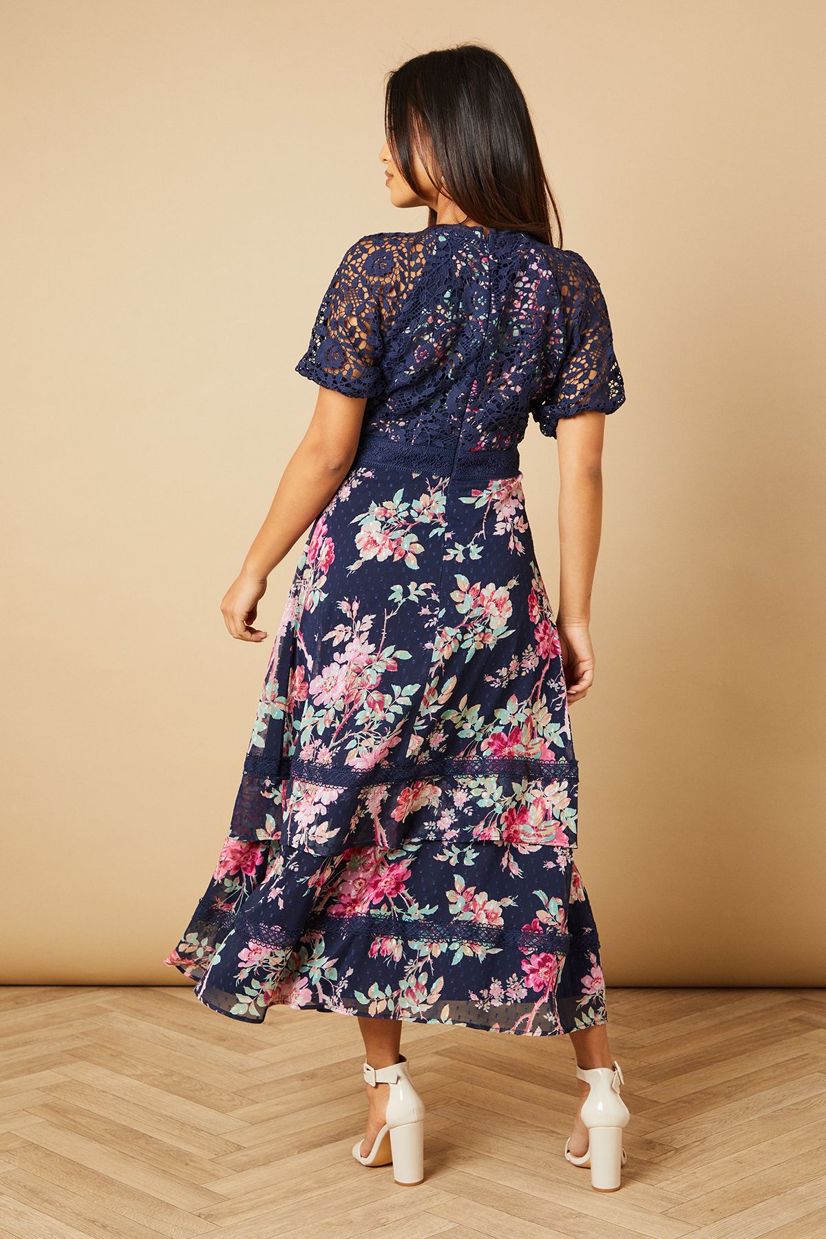Oasis Petite Occasion Floral Lace Bodice Midi Dress Navy image 4