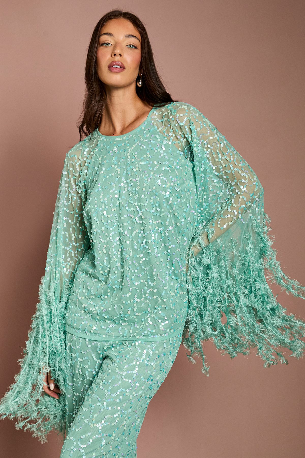 Coast Sequin And Feather Trim Cape Top Sage