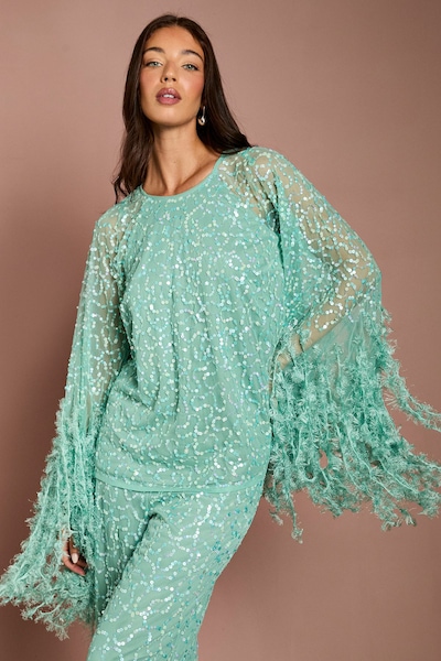 Coast Sequin And Feather Trim Cape Top Sage
