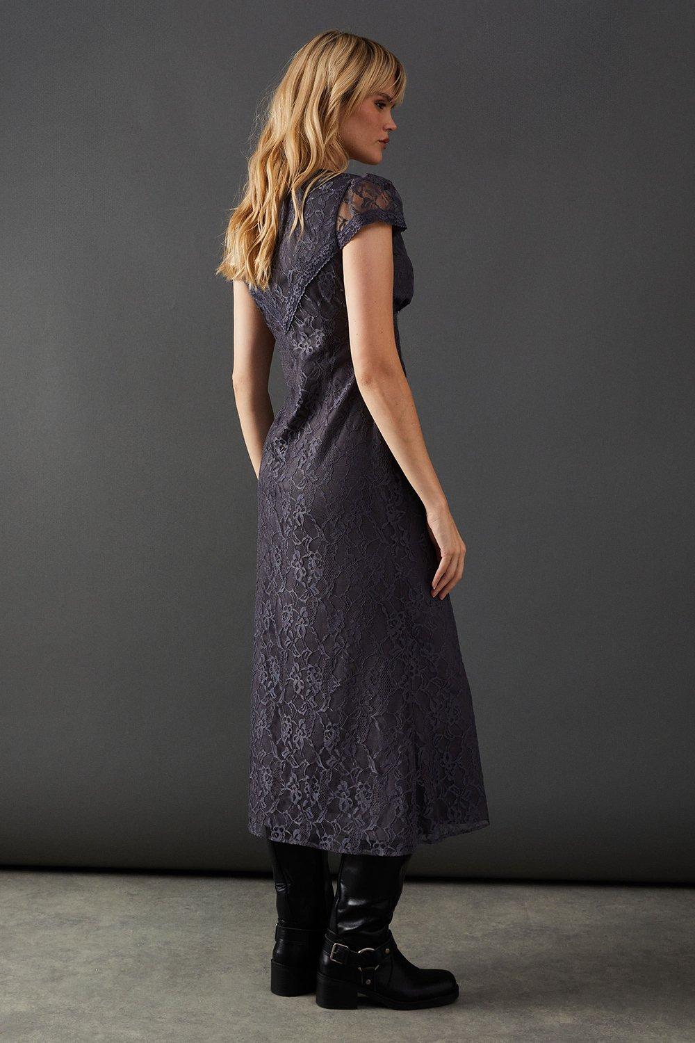 Warehouse Lace Cap Sleeve Bow Front Midi Tea Dress Charcoal image 3