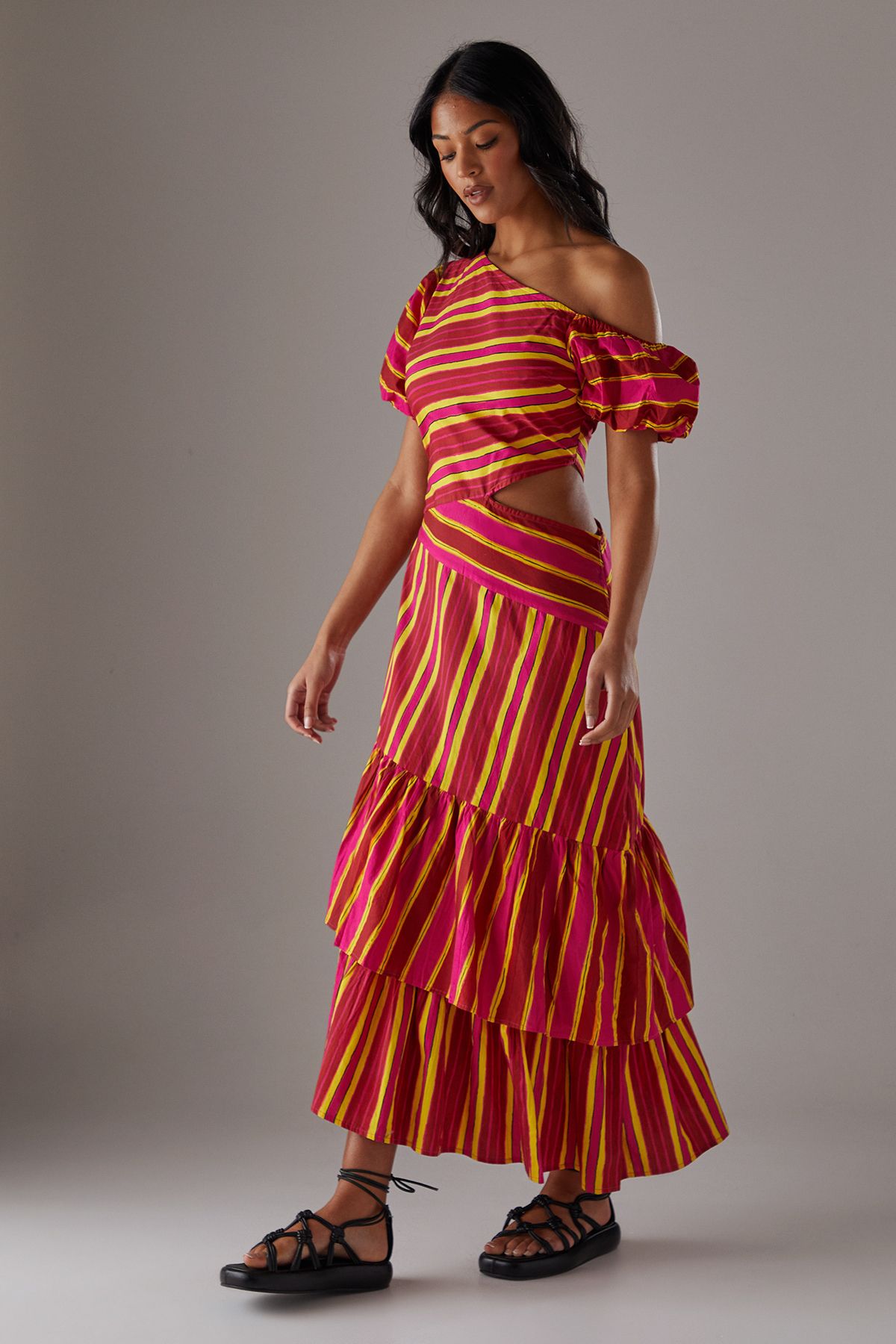 Warehouse Mixed Print Poplin Fallen Shoulder Asymmetric Midi Dress Multi image 3