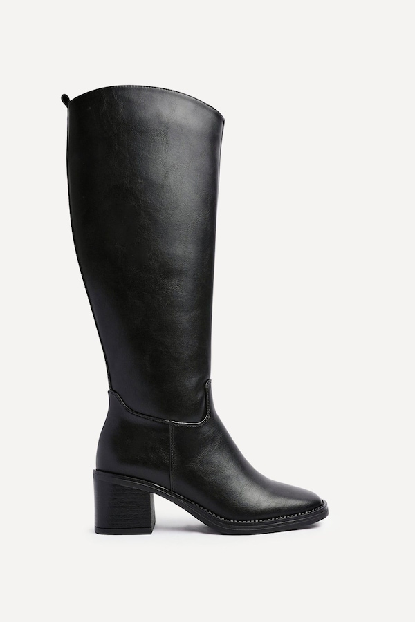 Linzi Brandy Black Faux Leather High Leg Block Heeled Boot