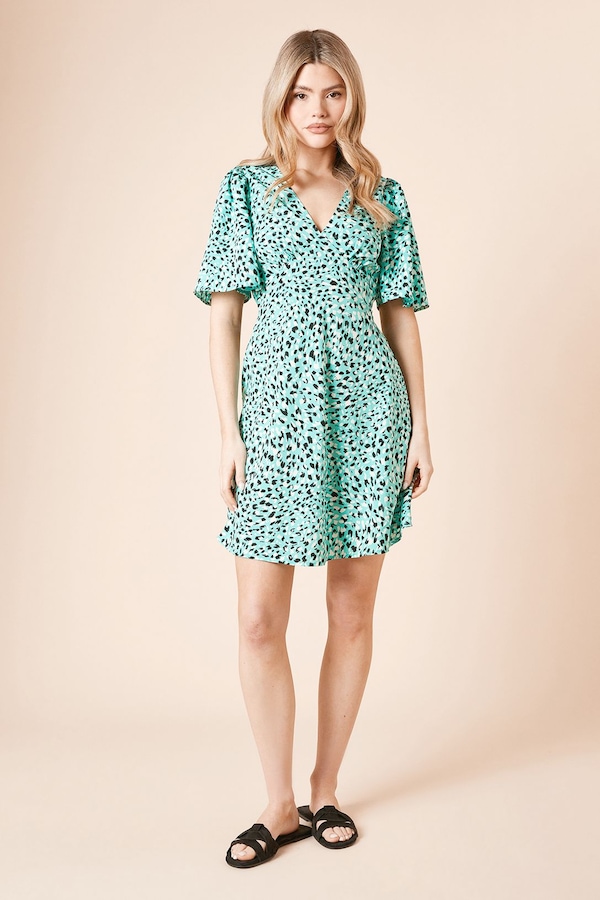 Dorothy Perkins Green Animal Flutter Sleeve Mini Dress Green