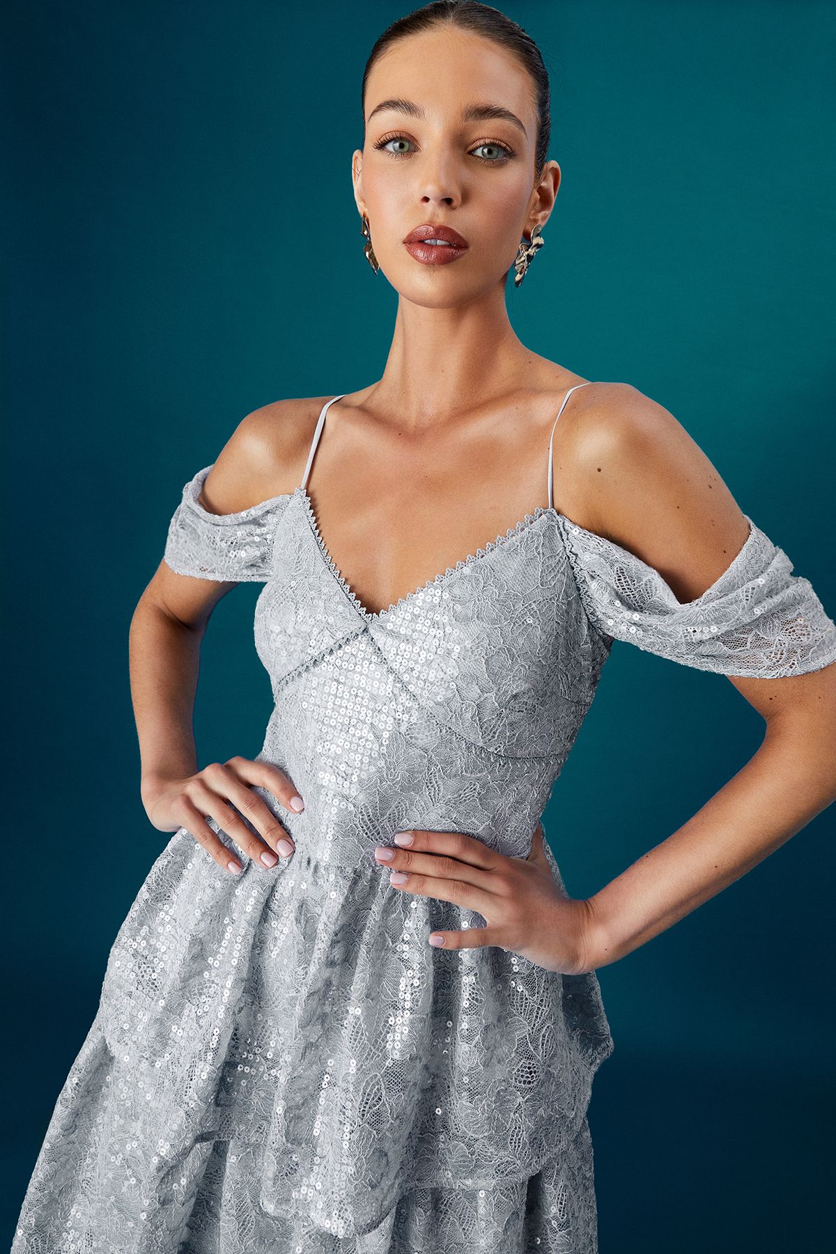 Coast Coast Muse Lace Sequin Tiered Dress Blue image 2