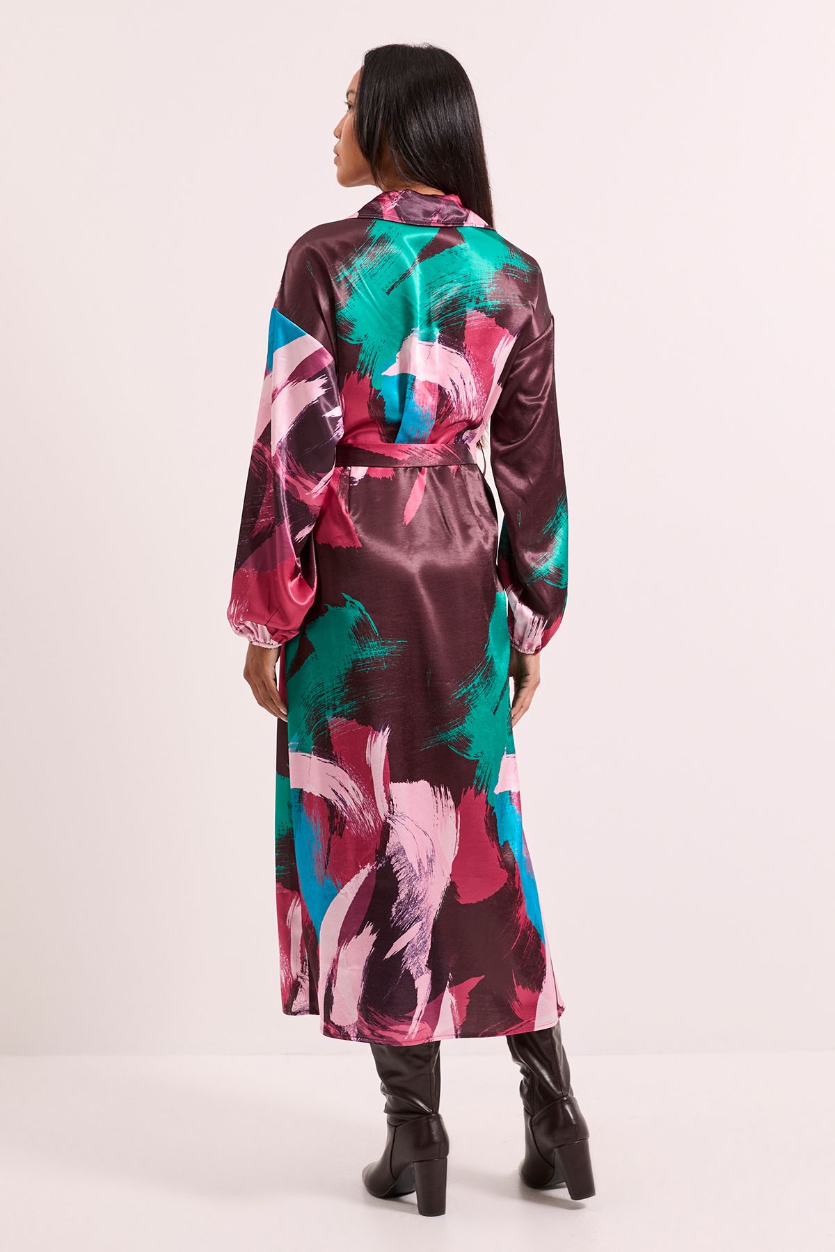 Principles Printed Wrap Tie Waist Satin Shirt Dress Plum image 3