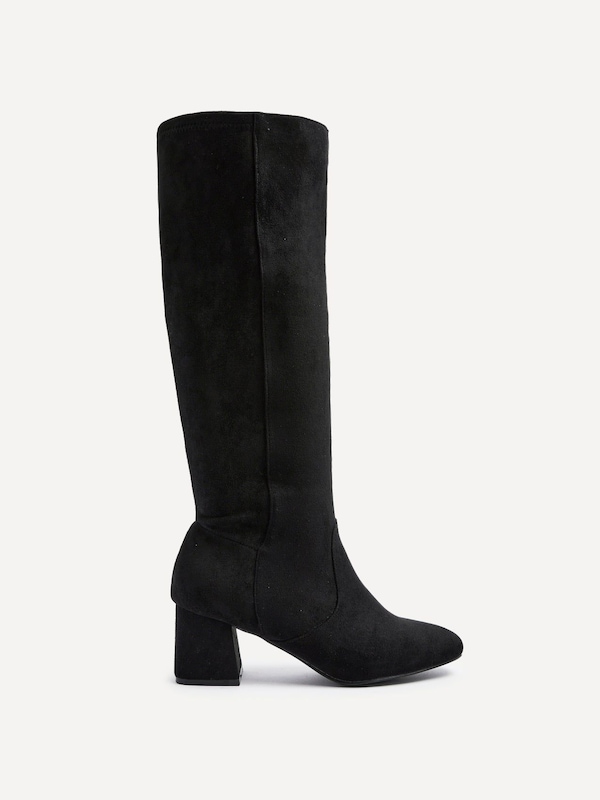 Linzi Frosty Black Faux Suede Block Heeled Knee High Boot