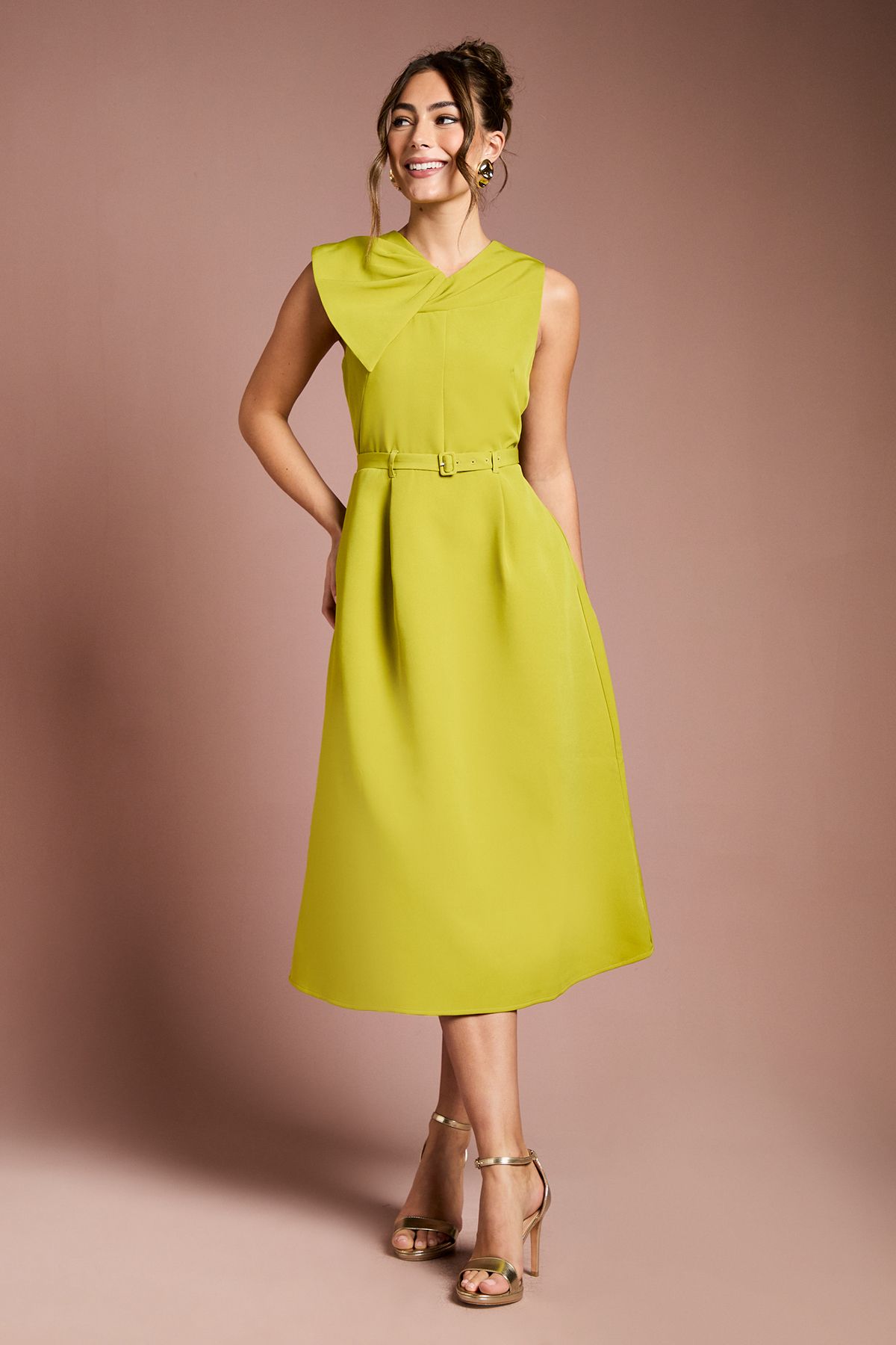 Coast Bow Detail Belted Crepe Midi Dress Acid Lime image 1