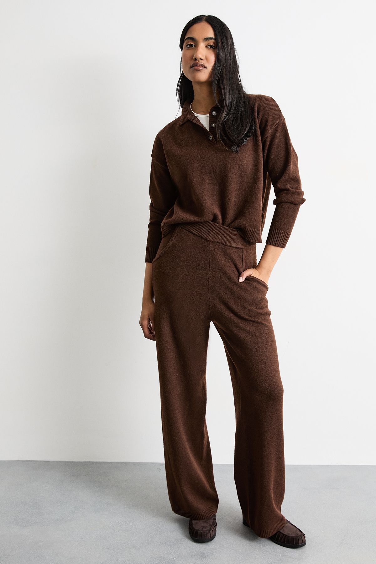 Warehouse Knitted Button Up Collar Detail Jumper Chocolate image 2