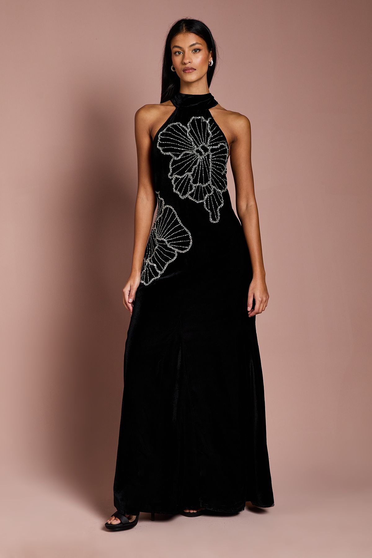 Coast Petite Halter Neck Velvet Maxi Dress With Embellishment Flower Black