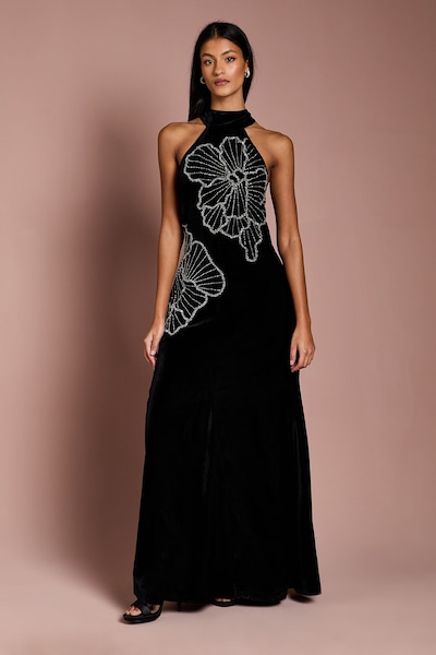 Coast Petite Halter Neck Velvet Maxi Dress With Embellishment Flower Black