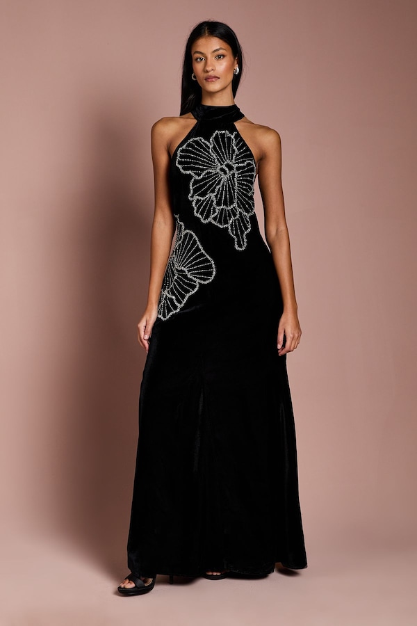 Coast Petite Halter Neck Velvet Maxi Dress With Embellishment Flower Black