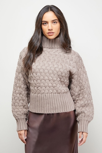 Oasis Chunky Cable Knit Roll Neck Jumper Mocha