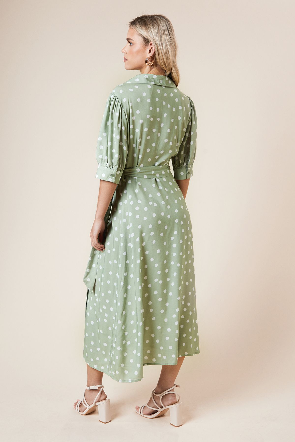 Dorothy Perkins Petite Green Spot Belted Puff Sleeve Shirt Dress Green image 3