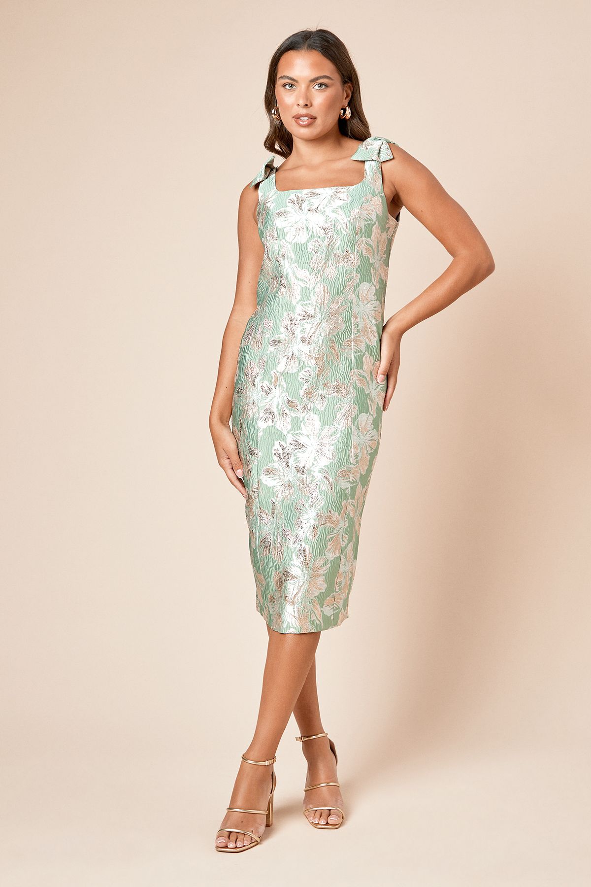 Dorothy Perkins DP Luxe Bow Shoulder Jacquard Midi Dress Green image 1