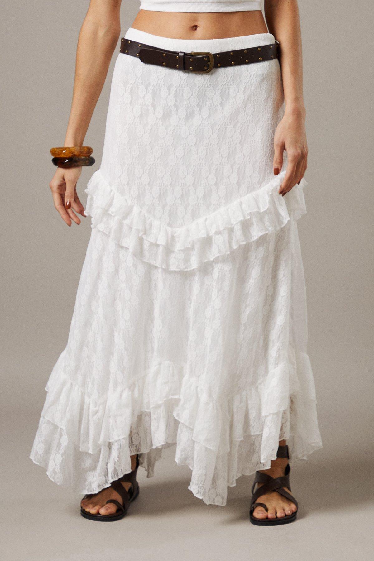 Lace ruffle mesh maxi skirt