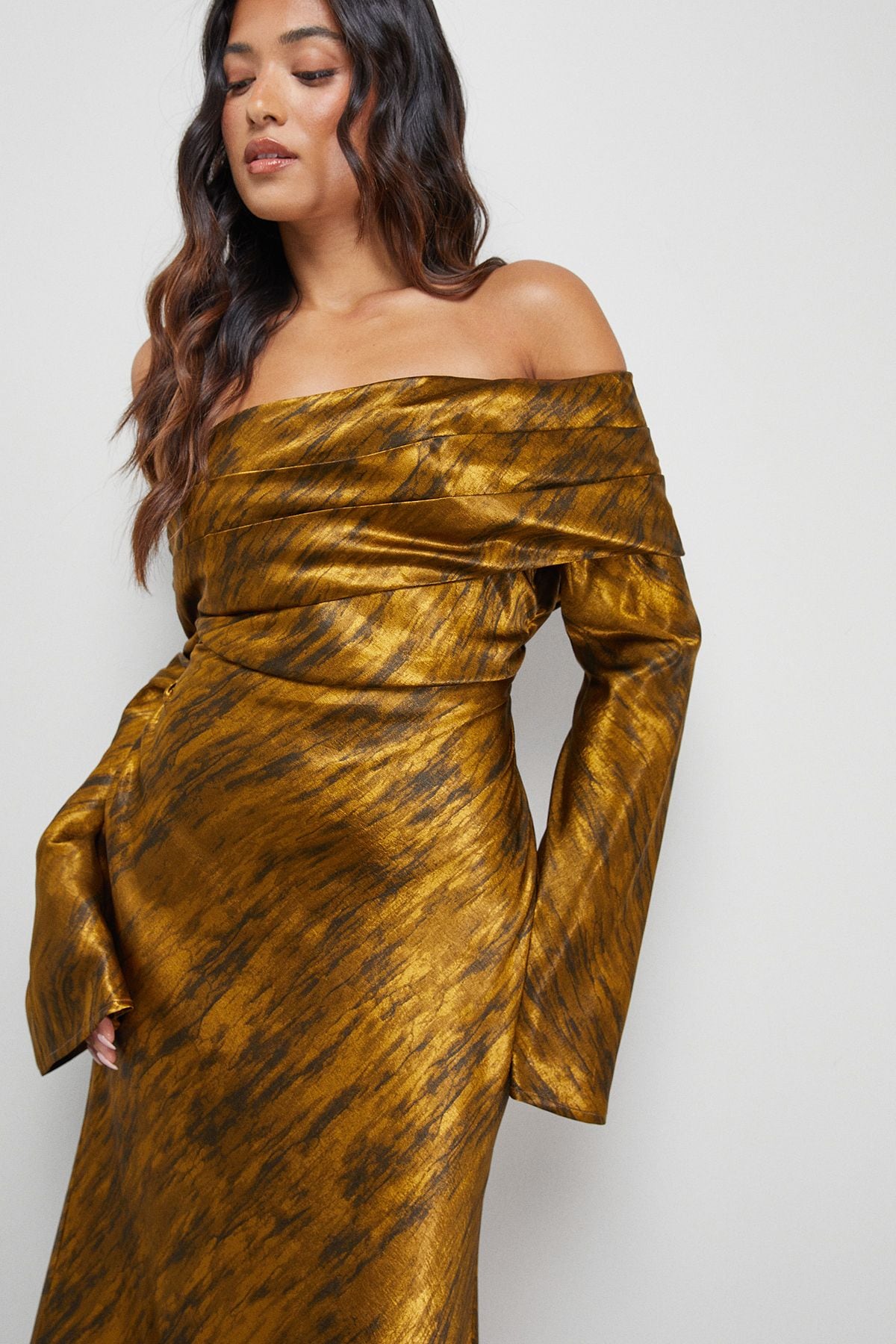 Warehouse Petite Shimmer Satin Foldover Bardot Bias Midi Dress Chocolate image 2