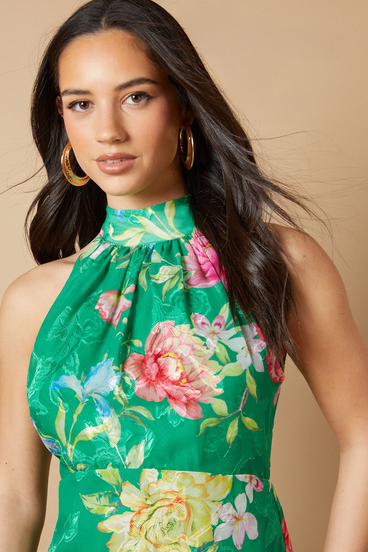 Oasis Floral Satin Burnout Halterneck Midi Dress Green image 3