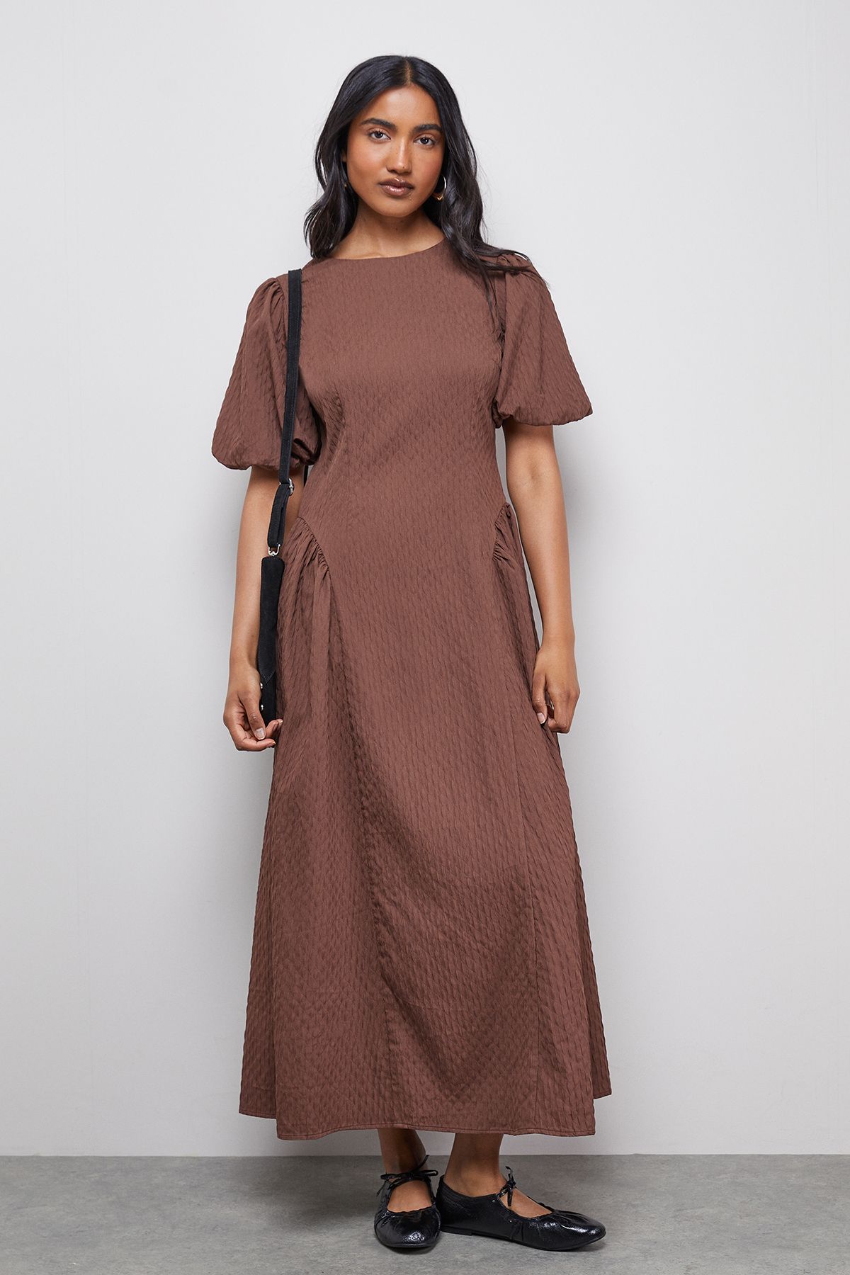 Warehouse Seersucker Organza Godet Side Puff Sleeve Midi Dress Chocolate image 1