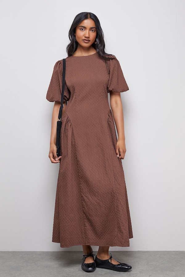 Warehouse Seersucker Organza Godet Side Puff Sleeve Midi Dress Chocolate