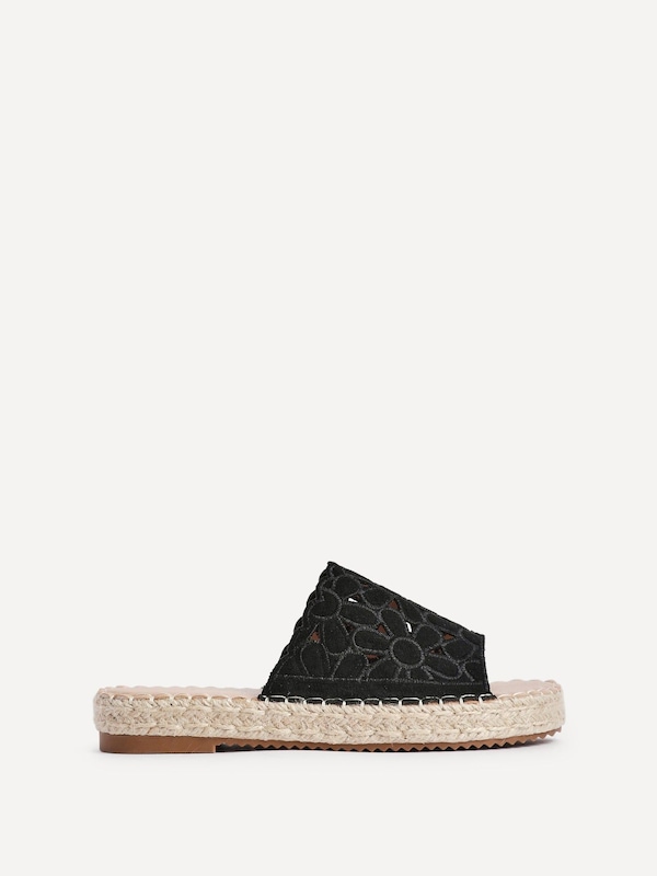 Linzi Parade Black Suede Floral Espadrille Flatform Slider