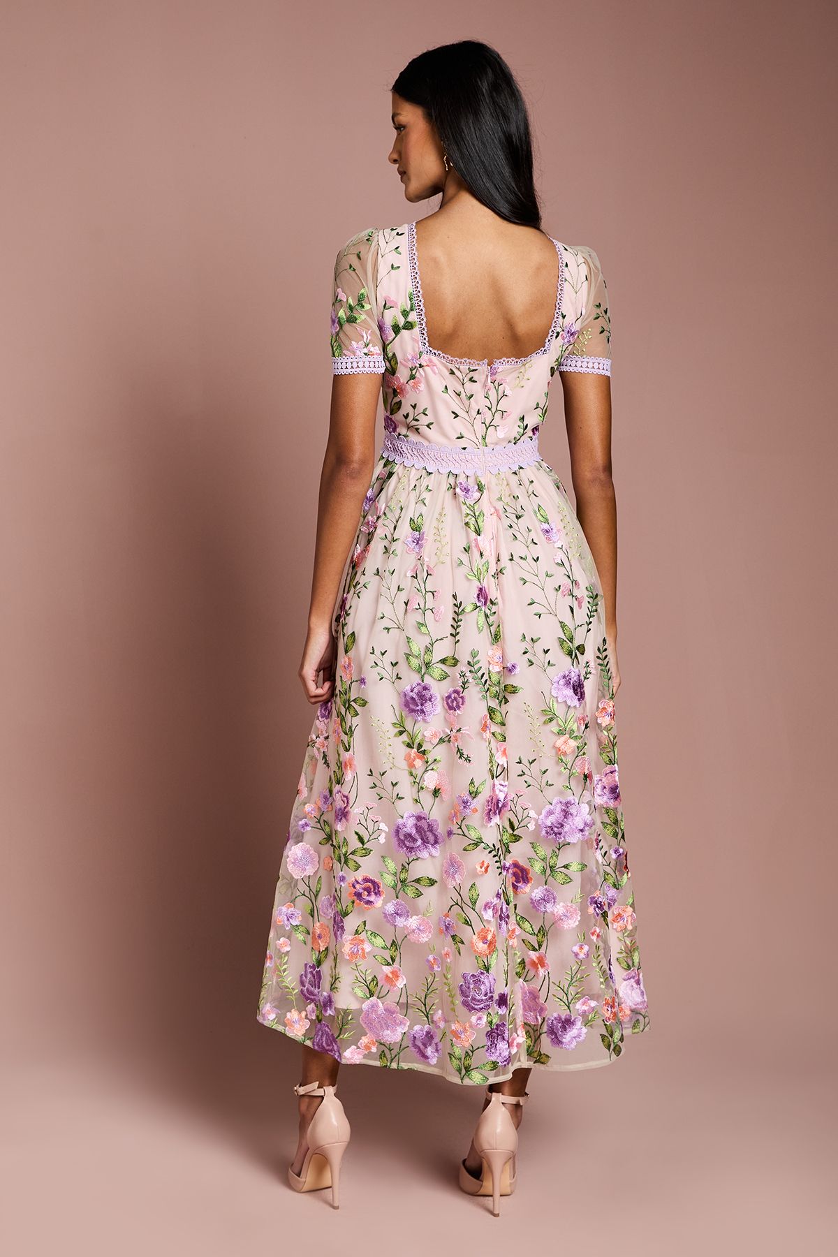 Coast Petite Lace Trim Detail Embroidered Mesh Midi Dress Blush image 3