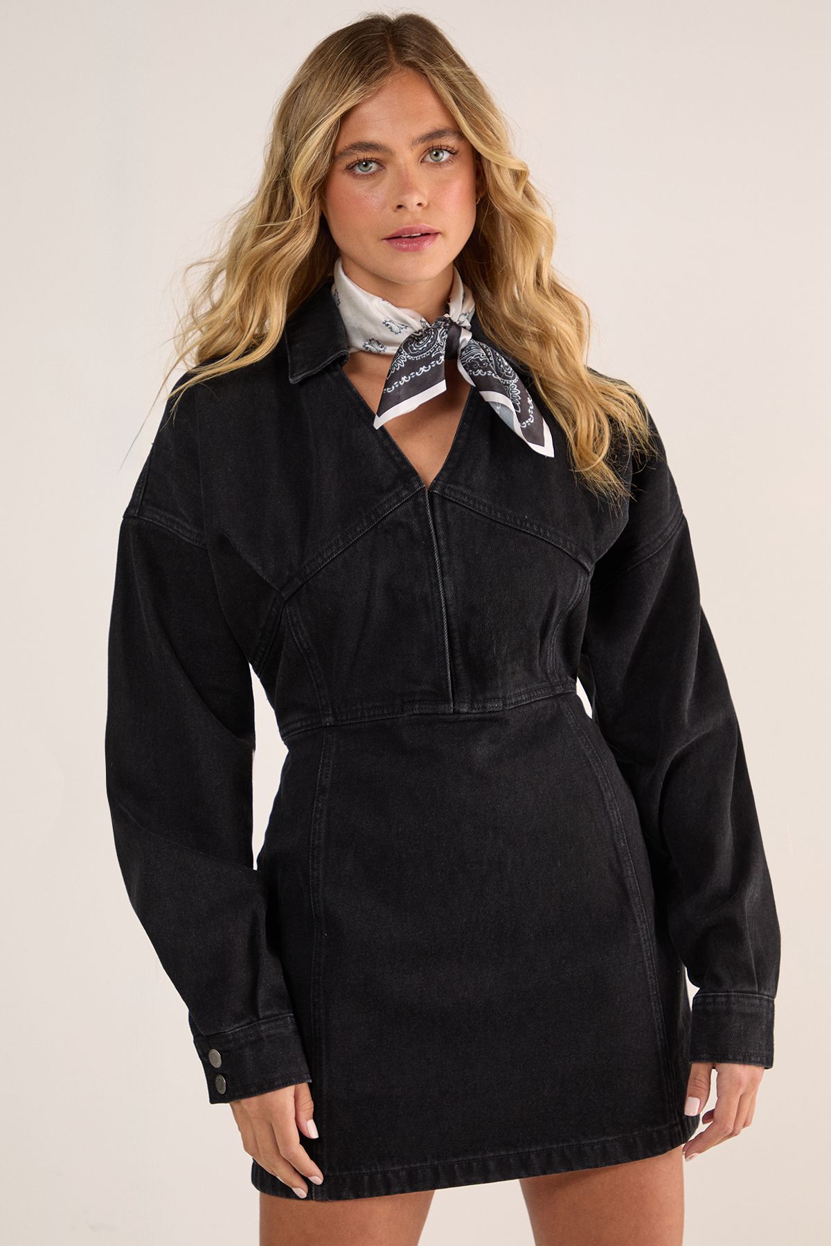 NastyGal Denim Corset Shirt Dress Washed Black image 2