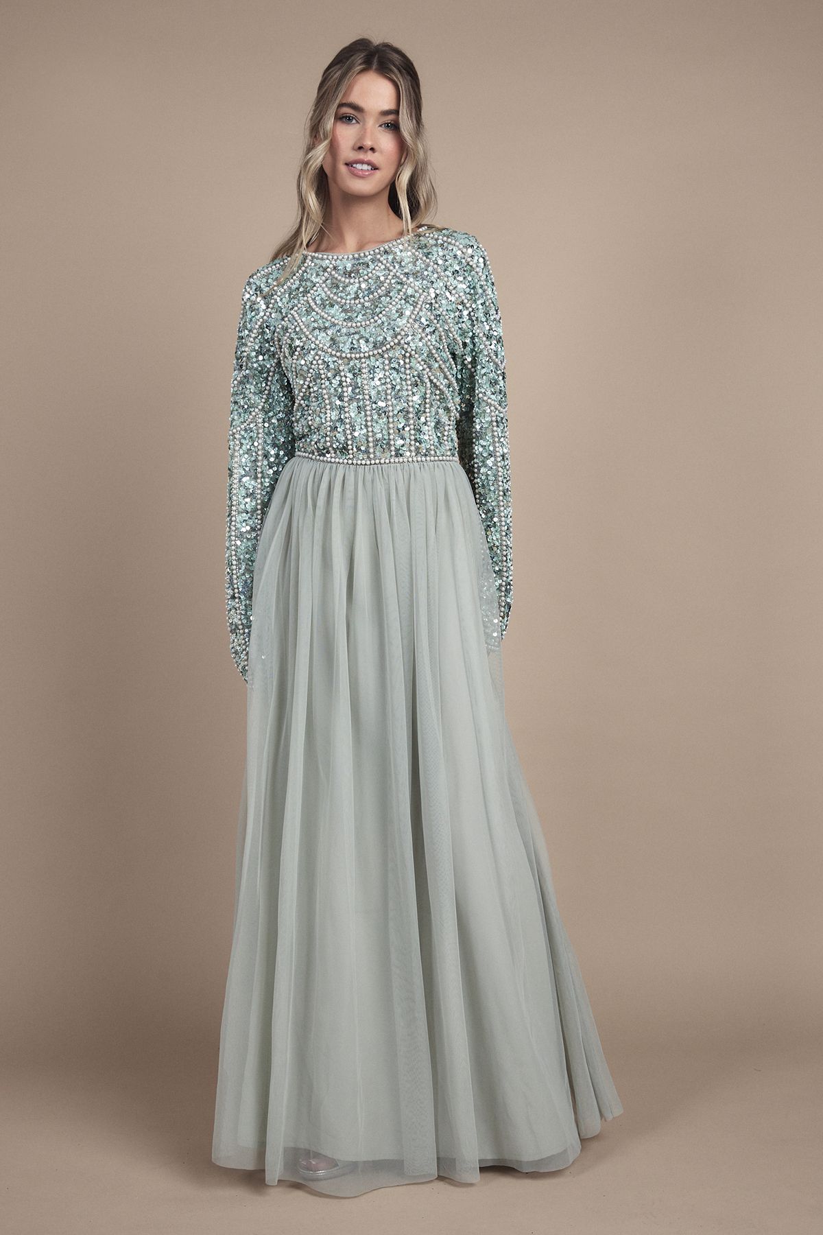 Coast Teen Pearl Embellished Bodice Bridesmaid Tulle Skirt Dress Sage image 4