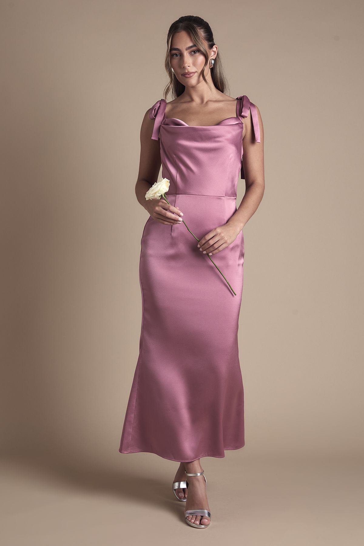 Oasis Satin Tie Shoulder Cowl Front Midi Bridesmaid Dress Dark Mauve image 1