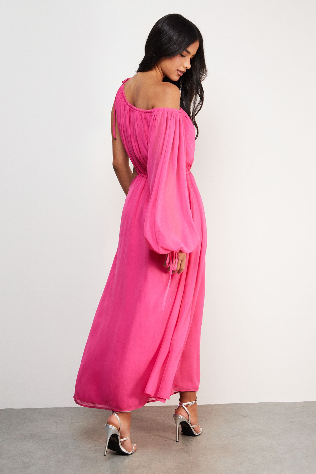 Warehouse Chiffon One Shoulder Balloon Sleeve Cut Out Midi Dress Bright Pink image 3