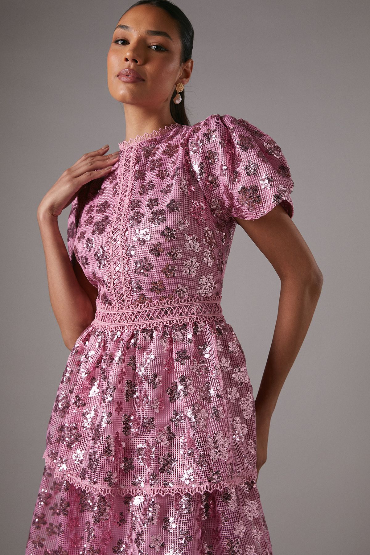 Coast Short Sleeve Flower Sequin Tiered Midaxi Dress Pink image 4