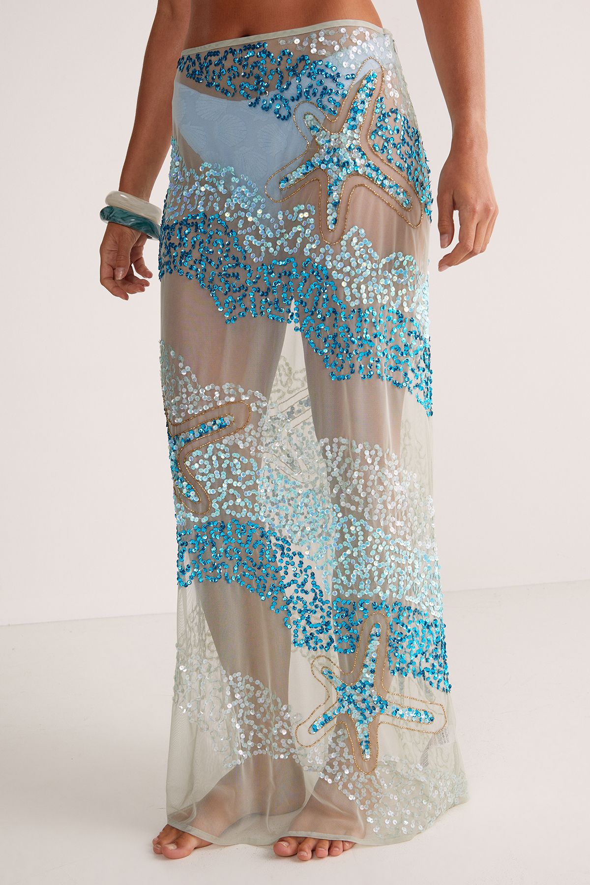 NastyGal Starfish Wave Beaded Sheer Maxi Beach Skirt Turquoise image 2