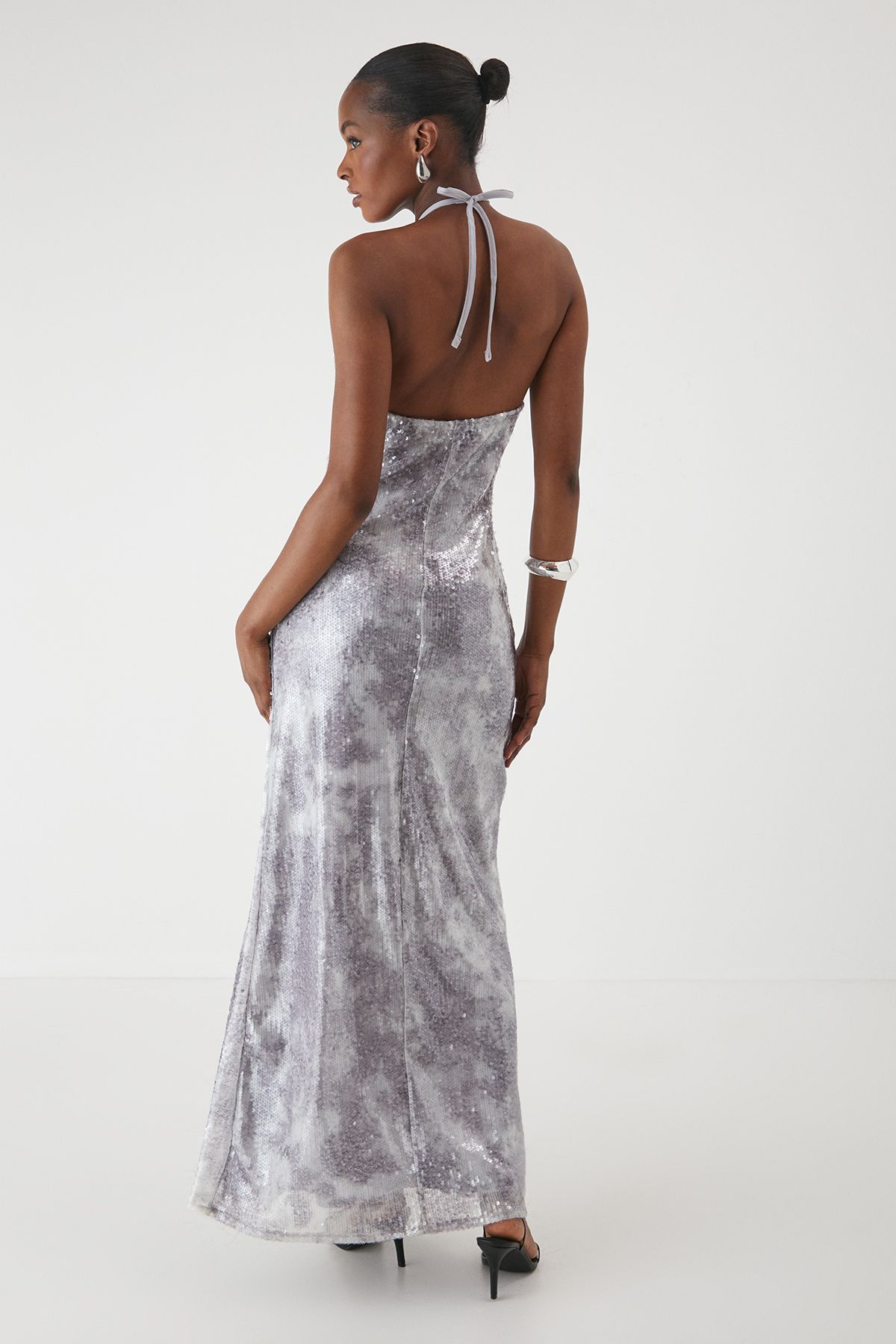 MissPap Sequin Printed Halterneck Maxi Dress Stone image 3