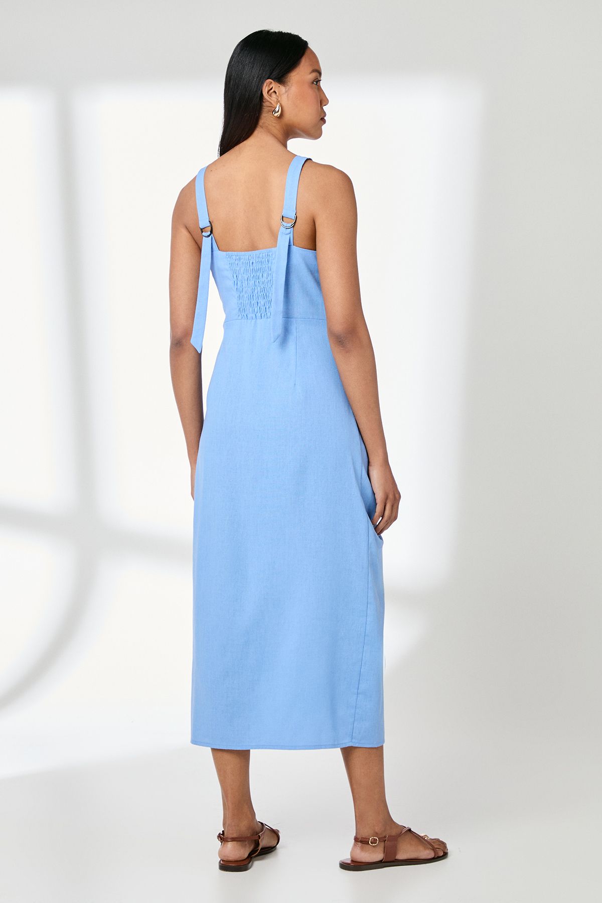 Principles Button Detail Square Neck Linen Blend Midi Dress Blue image 3