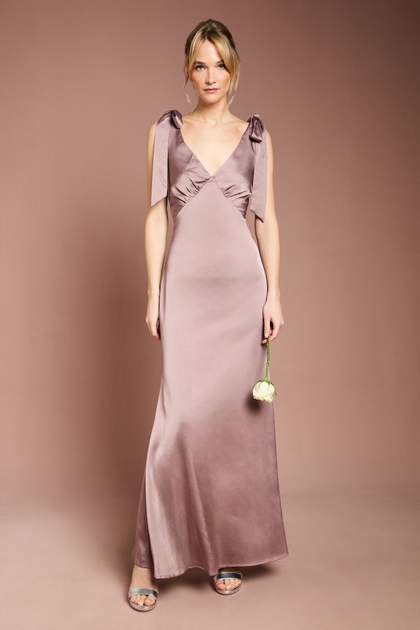 Coast Coast Honoured Petite Satin Back Crepe V Neck Tie Shoulder Maxi Bridesmaid Dress Dusty Mauve