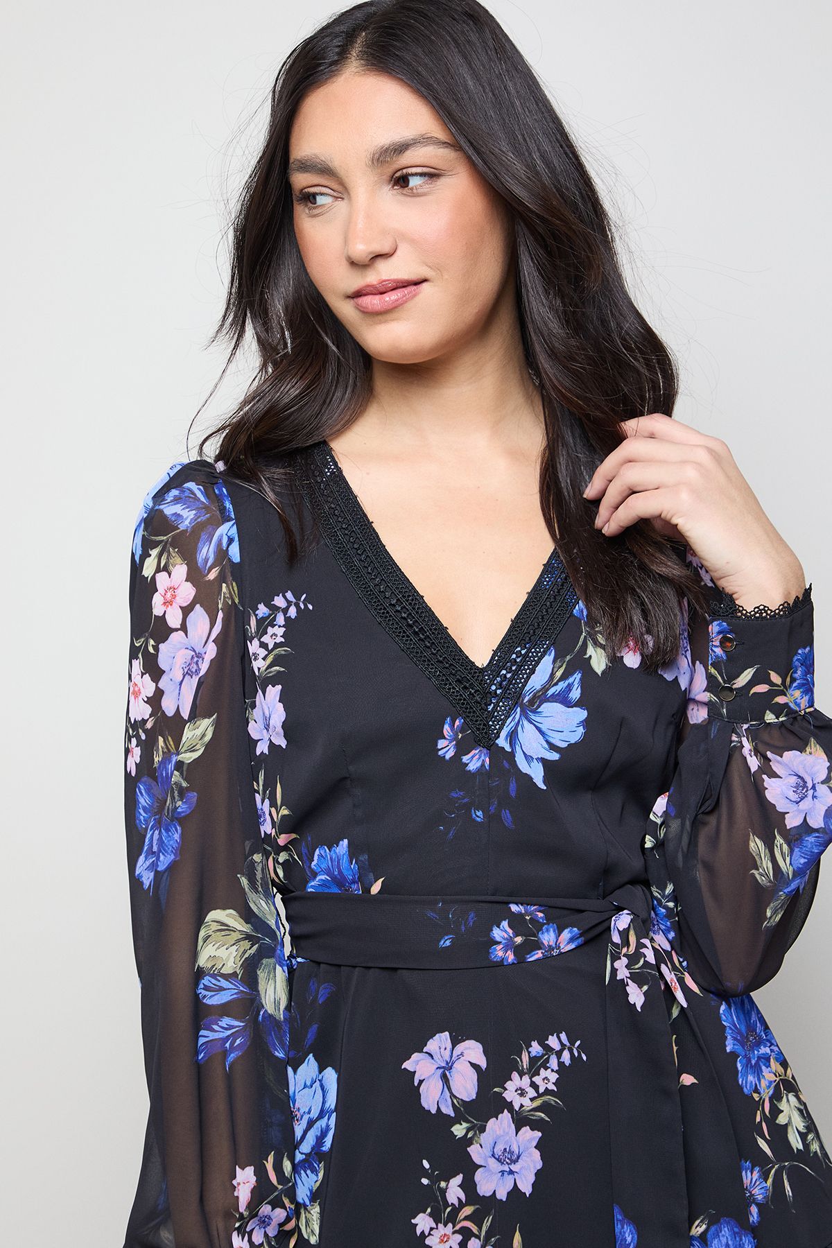 Oasis Printed Floral V Neck Belted Ruffle Mini Dress Floral image 4