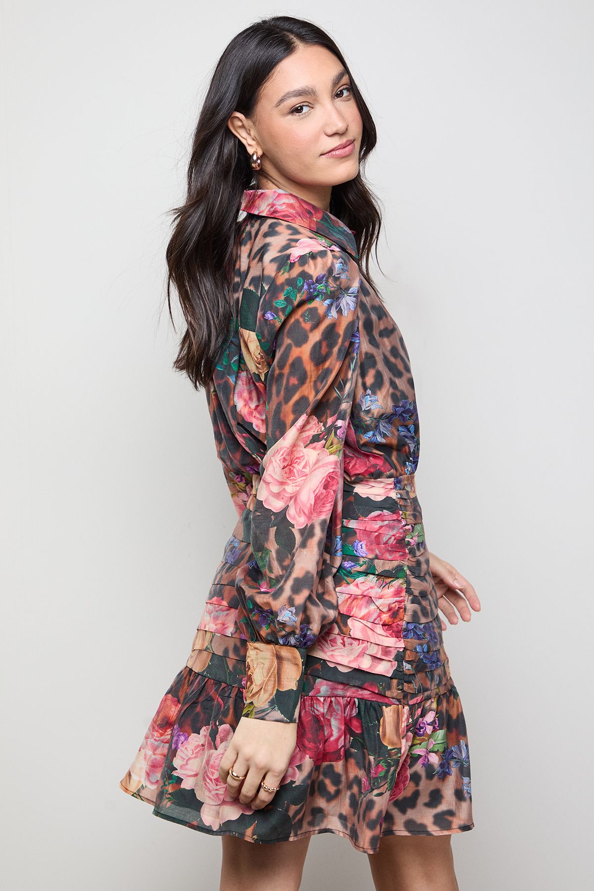 Oasis Long Sleeve Button Up Collar Detail Mini Dress Animal image 3