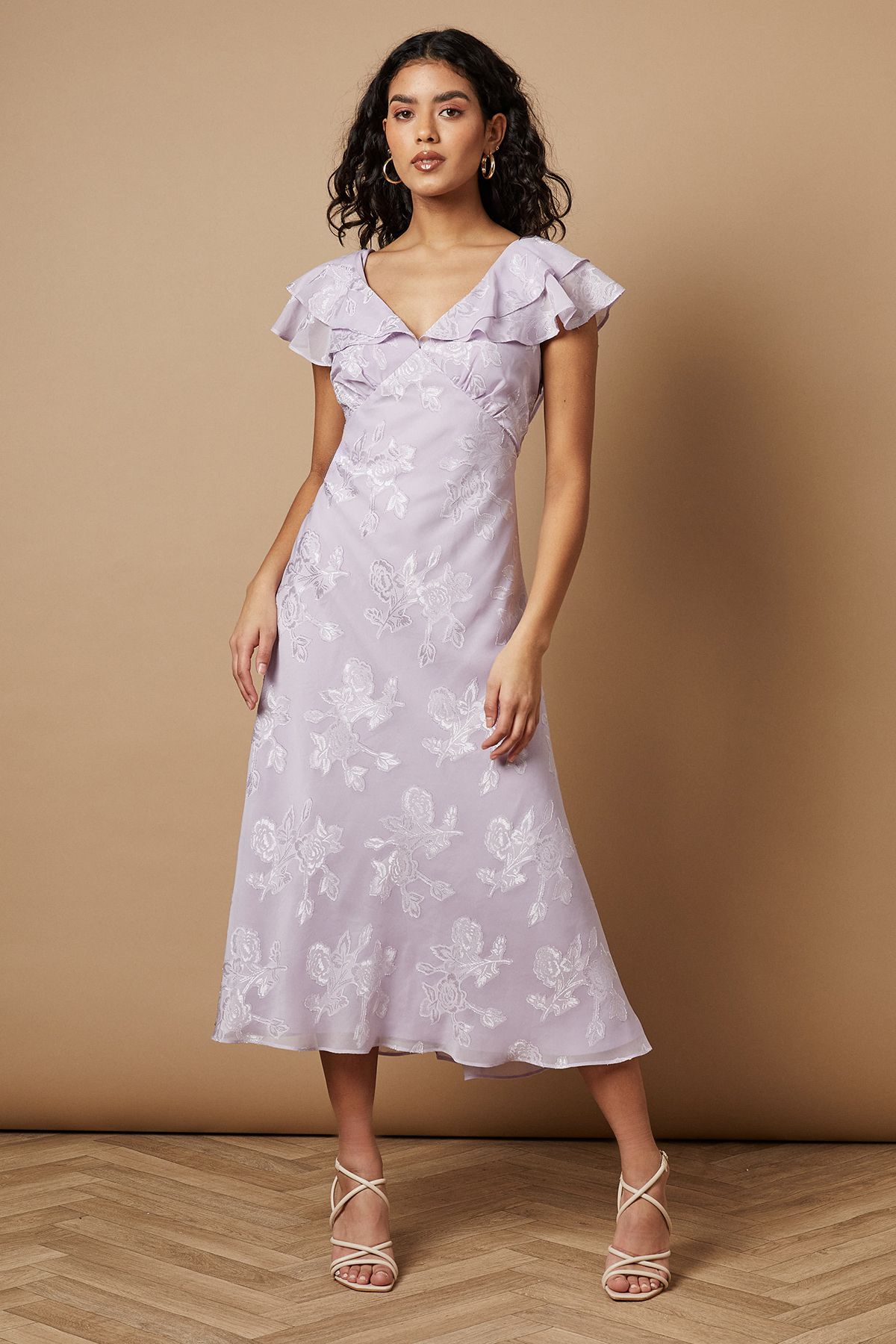 Oasis Petite Plain Satin Burnout Ruffle Midi Dress Lilac