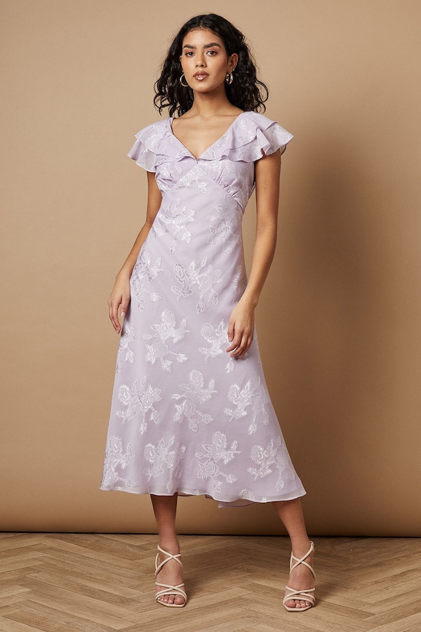 Oasis Petite Plain Satin Burnout Ruffle Midi Dress Lilac