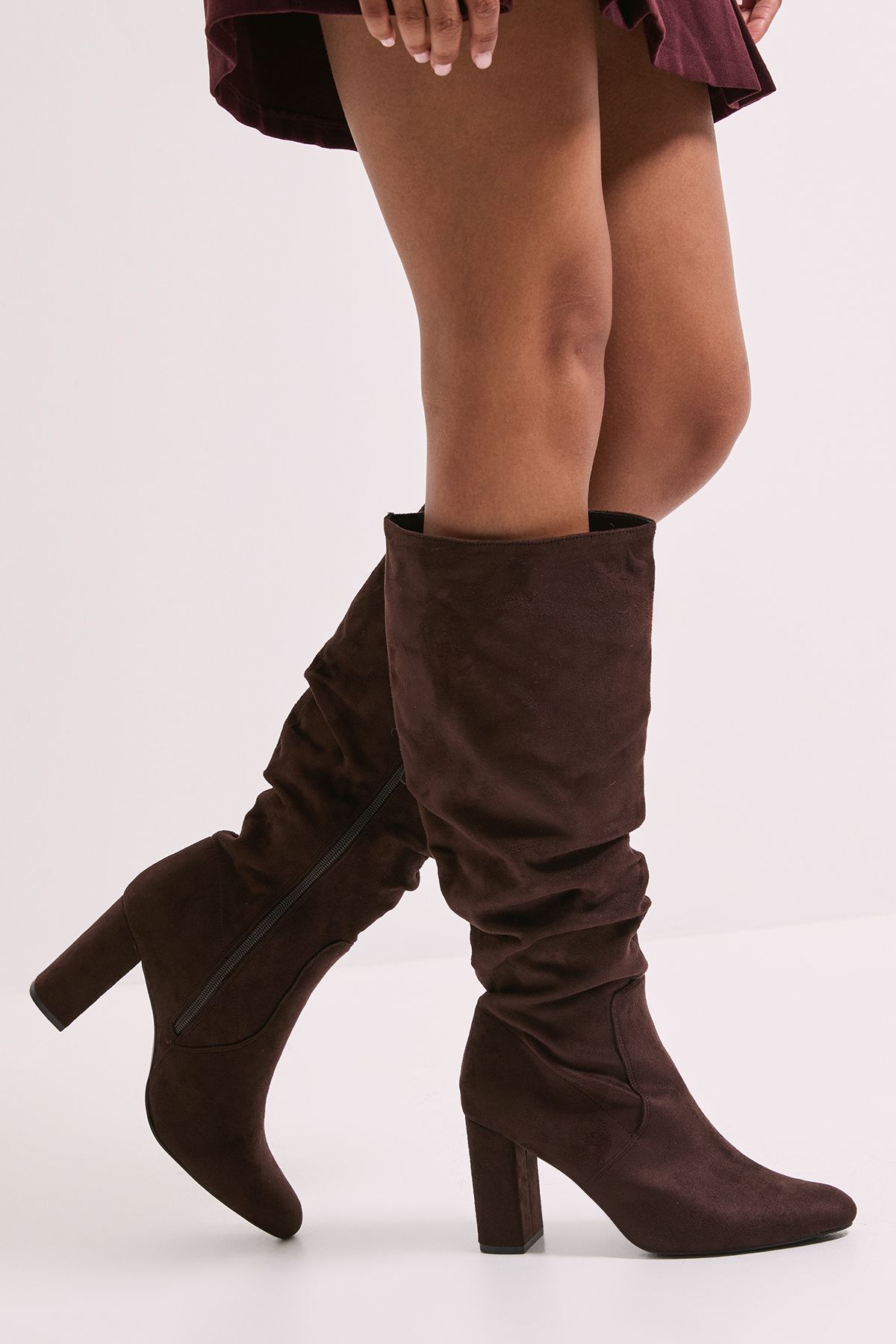 Dorothy Perkins Wide Fit Keris Faux Suede High Block Heel Ruched Knee High Boots Brown image 2